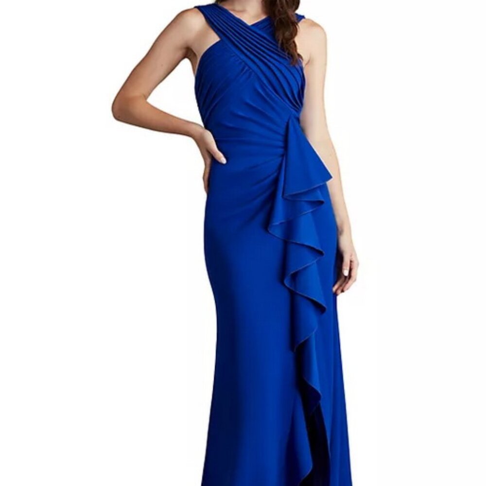 Tadashi Shoji Mystic Blue Crossneck Side Ruffle Gown
